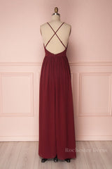 Simple burgundy chiffon long prom dress burgundy formal dress