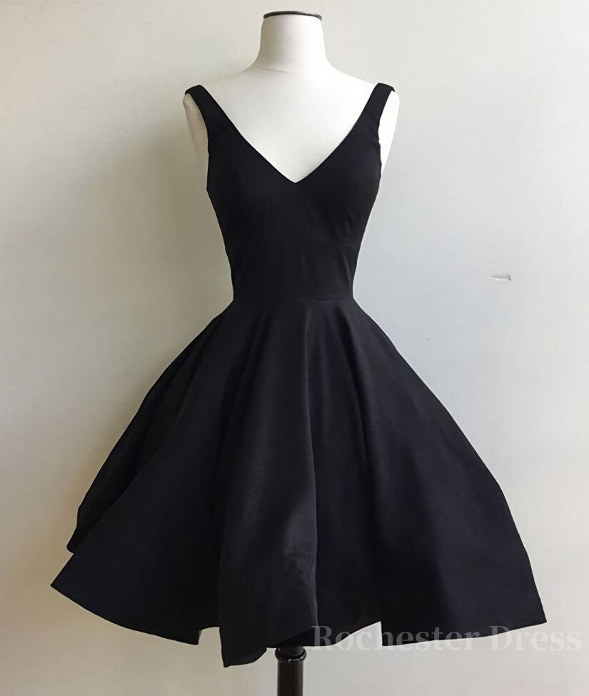 Simple Cute V Neck Short Black Prom Dresses, Cute Black Homecoming Dresses, Graduation Dresses