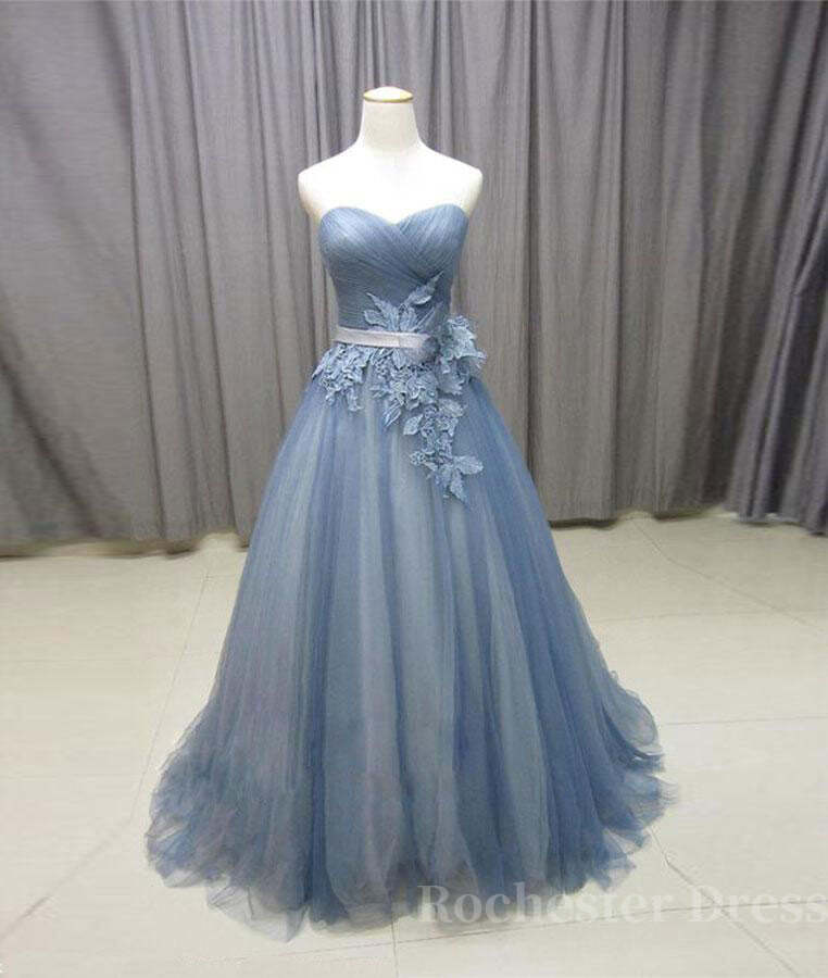 Simple gray blue tulle lace applique long prom dress, tulle evening dress