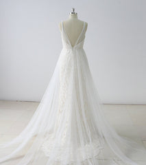 Simple Long A-line V Neck Tulle Wedding Dress