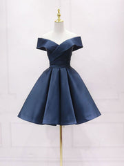 Simple Off Shoulder Satin Dark Blue Short Prom Dress, Blue Homecoming Dress