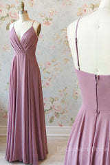 Simple pink chiffon long prom dress, pink evening dress