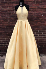 Simple Satin A-line Halter Floor-length Long Prom Dresses, Evening Dresses