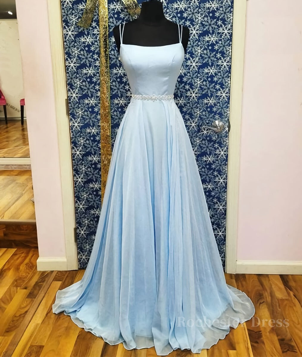 Simple satin blue long prom dress, blue evening dress