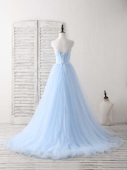 Simple Sweetheart Blue Tulle Long Prom Dress Blue Evening Dress