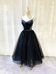 Simple Tulle Tea Length Black Prom Dress, Black Homecoming Dress