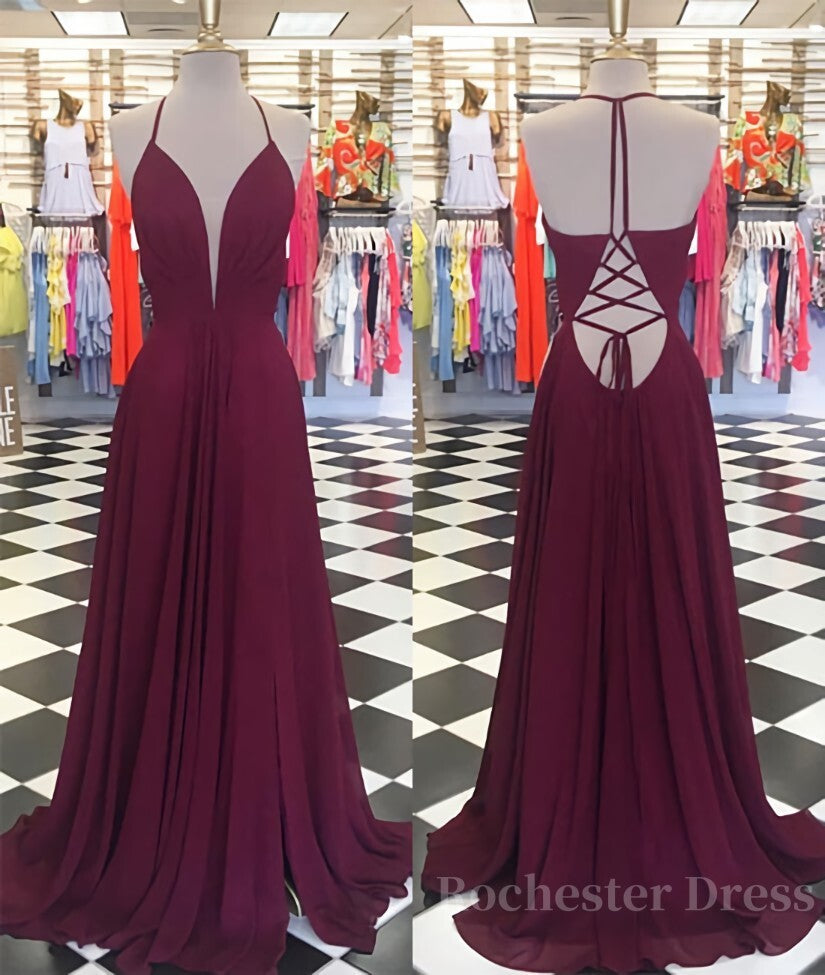 Simple v neck chiffon backless long prom dress, Burgundy evening dress