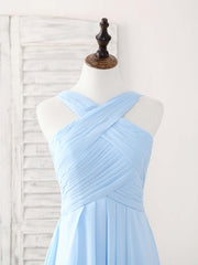 Simple V Neck Chiffon Blue Long Prom Dress Blue Bridesmaid Dress