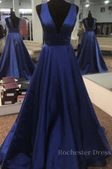 Simple V Neck Open Back Blue Long Prom Dress, V Neck Blue Formal Dress, Blue Evening Dress