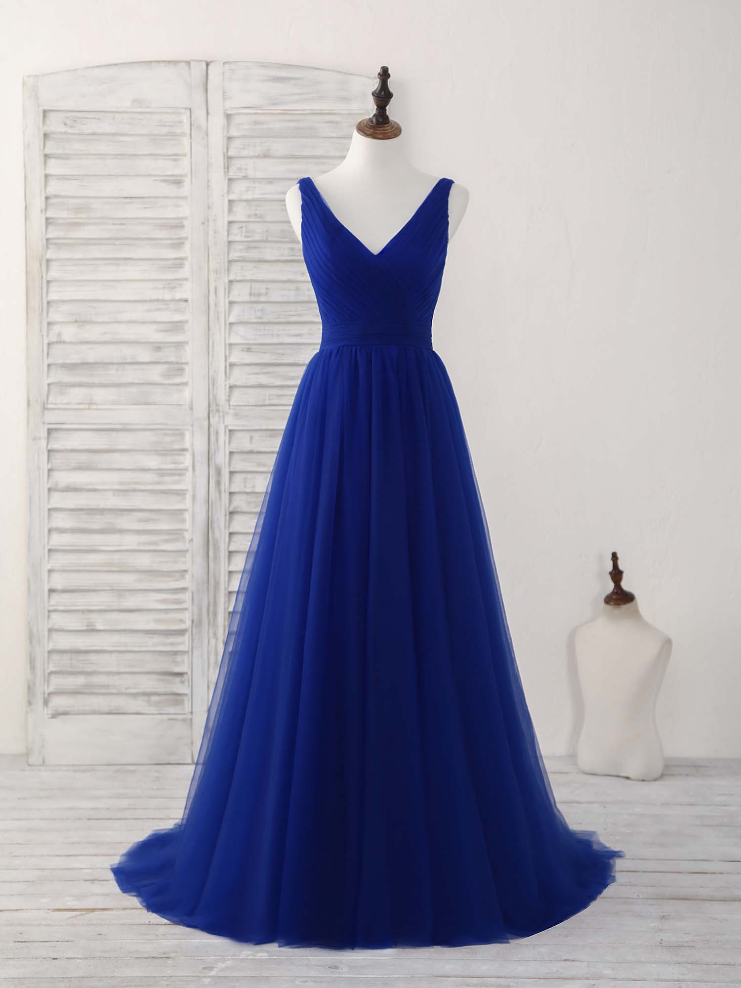 Simple V Neck Royal Blue Tulle Long Prom Dress Blue Evening Dress