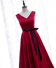 Simple V Neck Satin Burgundy Short Prom Dress, Burgundy Bridesmaid Dress