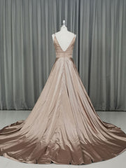 Simple v neck satin champagne long prom dress champagne evening dress