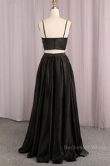 Simple V Neck Two Pieces Black Prom Dresses, 2 Pieces Black Long Formal Dresses, Black Evening Dresses