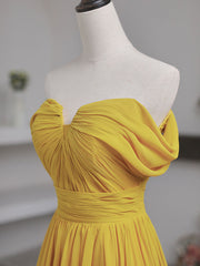 Simple Yellow Off Shoulder Long Prom Dress, Yellow Chiffon Graduation Dresses