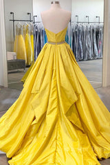 Simple yellow satin long prom dress yellow evening dress