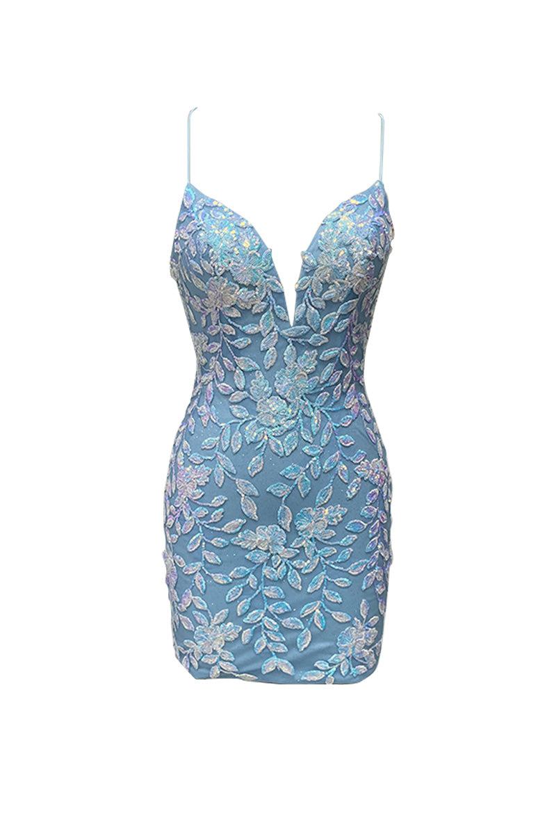 Cute Bodycon V Neck Blue Lace Homecoming Dresses