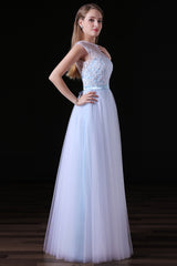 Sleeves Appliques Sheer Lace Button Floor Length Tulle Prom Dresses