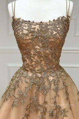 Spaghetti Straps Champagne Lace Tulle Long Prom Dress, Champagne Lace Formal Evening Dress, Champagne Ball Gown