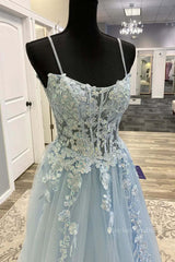 Spaghetti Straps Light Blue Lace Prom Dresses, Light Blue Lace Formal Evening Dresses