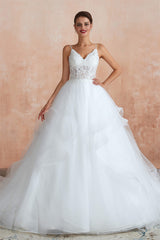 Spaghetti Straps V-neck Lace Organza Tiered A-line Wedding Dresses