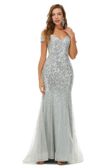 Sparkle Silver Mermaid Beaded Cap Sleeves Off-The-Shoulder Prom Dresses