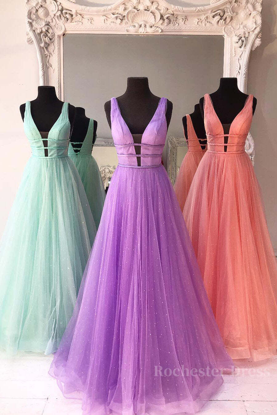 Sparkly A Line V Neck and V Back Prom Dresses with Thin Belt, Formal Graduation Evening Dresses