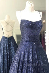 Sparkly Backless Navy Blue Long Prom Dresses, Open Back Long Navy Blue Formal Evening Dresses