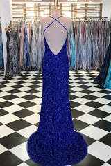 Sparkly Sheath Royal Blue Prom Dresses, Evening Dresses with Slit