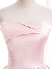 Strapless A-line Pink Satin Prom Dresses, Pink Satin Long Party Dress