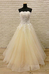 Strapless Champagne Long Prom Dresses with Lace Appliques, Champagne Lace Formal Evening Dresses