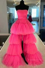 Strapless Hot Pink High Low Prom Dresses, Hot Pink High Low Formal Homecoming Dresses