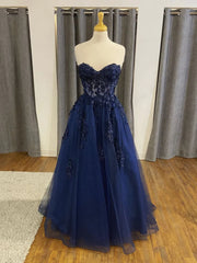 Strapless Navy Blue Beaded Lace Prom Dresses, Navy Blue Lace Formal Evening Dresses