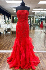 Strapless Red Mermaid Lace Prom Dresses, Red Mermaid Lace Formal Evening Dresses