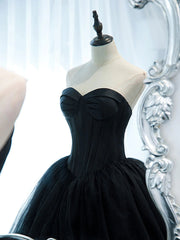 Strapless Sweetheart Neck Black Tulle Prom Dresses, Black Tulle Formal Gowns