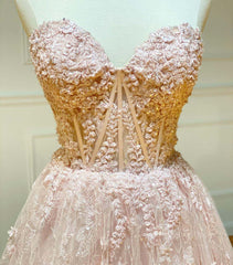 Strapless Sweetheart Neck Pink Lace Long Prom Dress, Pink Lace Formal Graduation Evening Dress