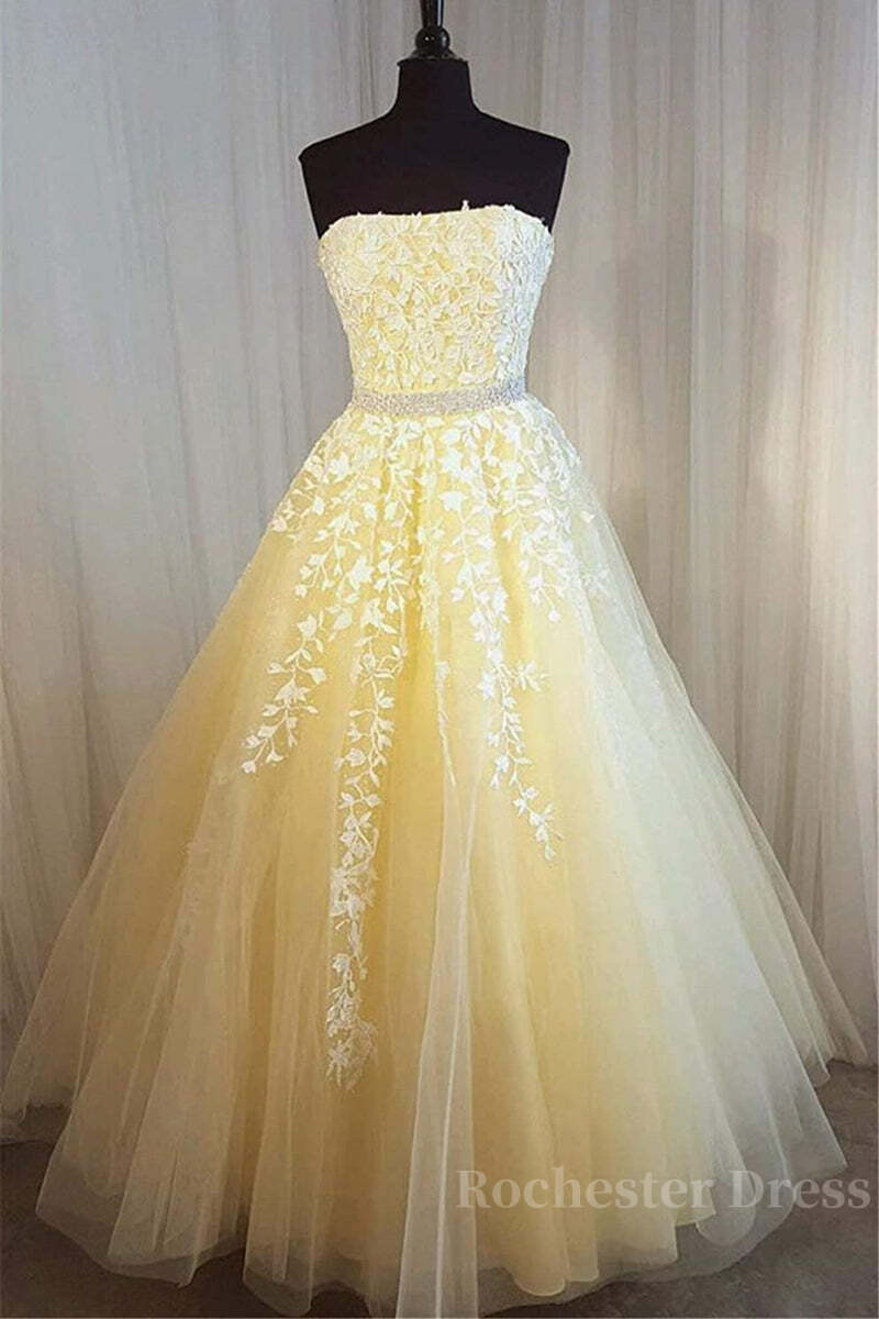 Strapless Yellow Lace Long Prom Dress, Yellow Lace Formal Graduation Evening Dress, Yellow Ball Gown