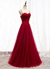 Straps Dark Red Beaded Sweetheart Long Formal Dress, Junior Prom Dress