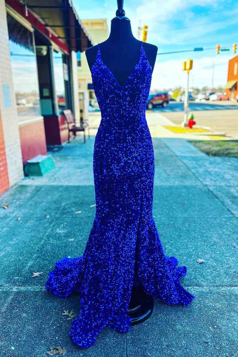 Straps Mermaid Royal Blue Sequins Long Prom Dress with Slit