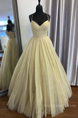 Stylish V Neck Open Back Yellow Prom Dress, Shiny V Neck Yellow Formal Evening Dress, Sparkly Yellow Ball Gown