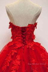 Sweetheart Neck Red Lace Floral Long Prom Dresses, Red Lace Formal Evening Dresses, Red Ball Gown