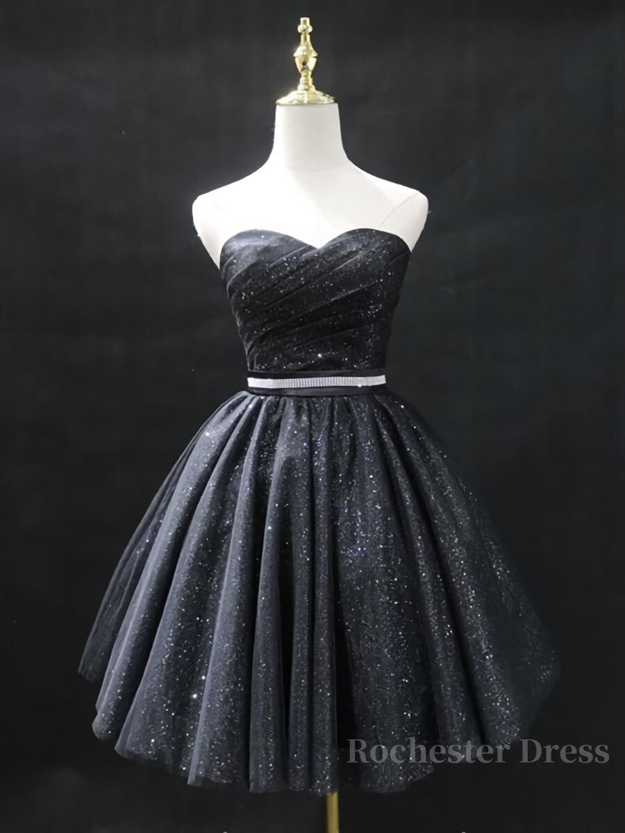 Sweetheart Neck Short Black Prom Dresses, Little Black Formal Evening Graduation Dresses