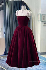 Tea Length Velvet Prom Dresses, Velvet Tea Length Formal Homecoming Dresses