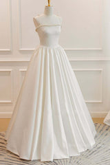 Thin Straps Open Back Ivory Satin Long Prom Dresses with Pearls, Long Ivory Formal Graduation Evening Dresses