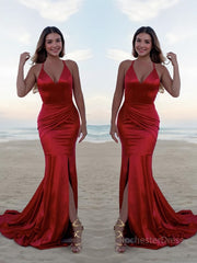 Trumpet/Mermaid Halter Sweep Train Silk like Satin Prom Dresses With Leg Slit