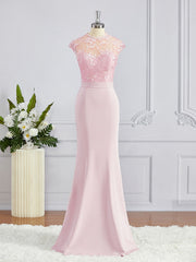 Trumpet/Mermaid High Neck Floor-Length Stretch Crepe Bridesmaid Dresses with Appliques Lace