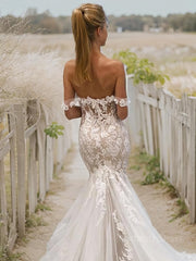 Trumpet/Mermaid Off-the-Shoulder Cathedral Train Tulle Wedding Dresses With Appliques Lace