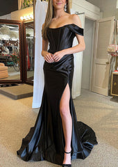 Trumpet Mermaid Off The Shoulder Regular Straps Court Train Silk Like Satin Prom Dress With Pleated Split