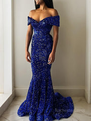 Trumpet/Mermaid Off-the-Shoulder Sweep Train Velvet Sequins Evening Dresses