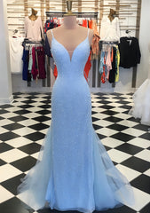 Trumpet Mermaid V Neck Sleeveless Court Train Lace Tulle Prom Dress