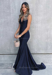 Trumpet Mermaid V Neck Sleeveless Sweep Train Jersey Prom Dress